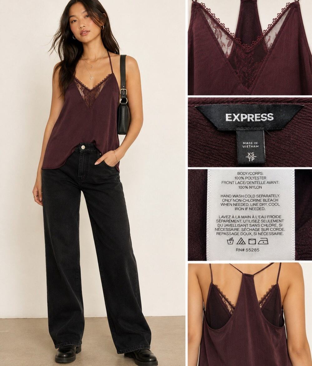 Y2K Indie Sleaze Dark Feminine Express Racerback Lace Cami XSmall Burgundy Satin